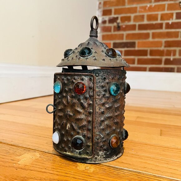 Early Bradley & Hubbard Pierced Brass Lantern Colored Glass - Picture 12 of 16